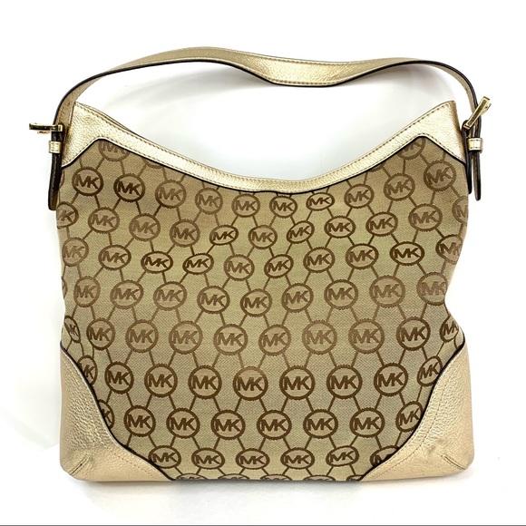 Michael Kors Millwork Tan Brown Canvas Signature Large Shoulder Bag Gold Leather - Picture 3 of 11